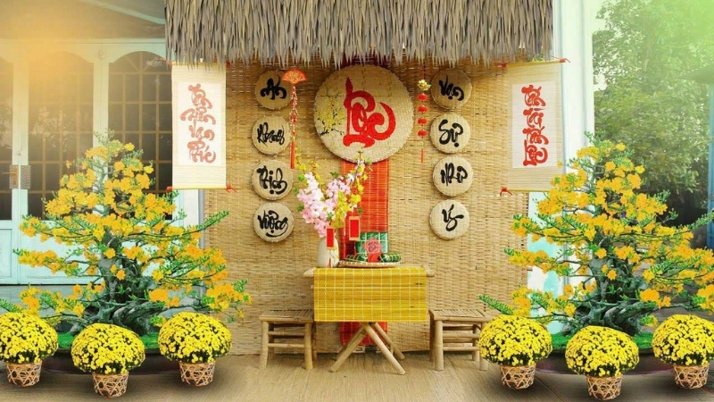 Trang trí phòng khách với tiểu cảnh Tết