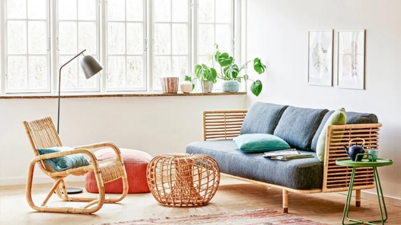 Trang trí phòng khách với nội thất mây tre