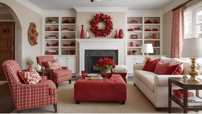 Phụ kiện đỏ trang trí phòng khách ngày Tết