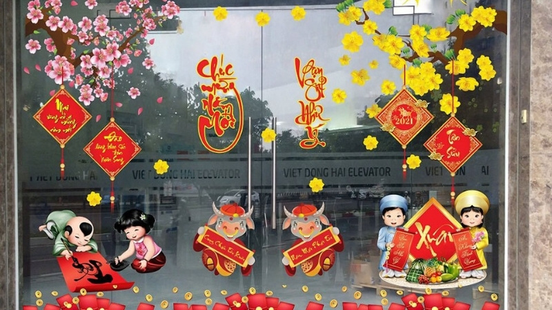 Decal kính trang trí văn phòng ngày Tết