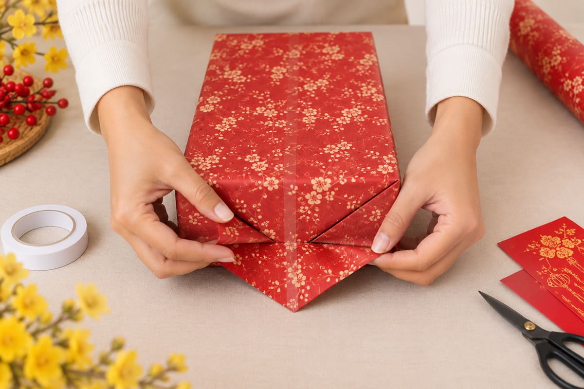 Gấp mép giấy và cố định hộp quà Tết