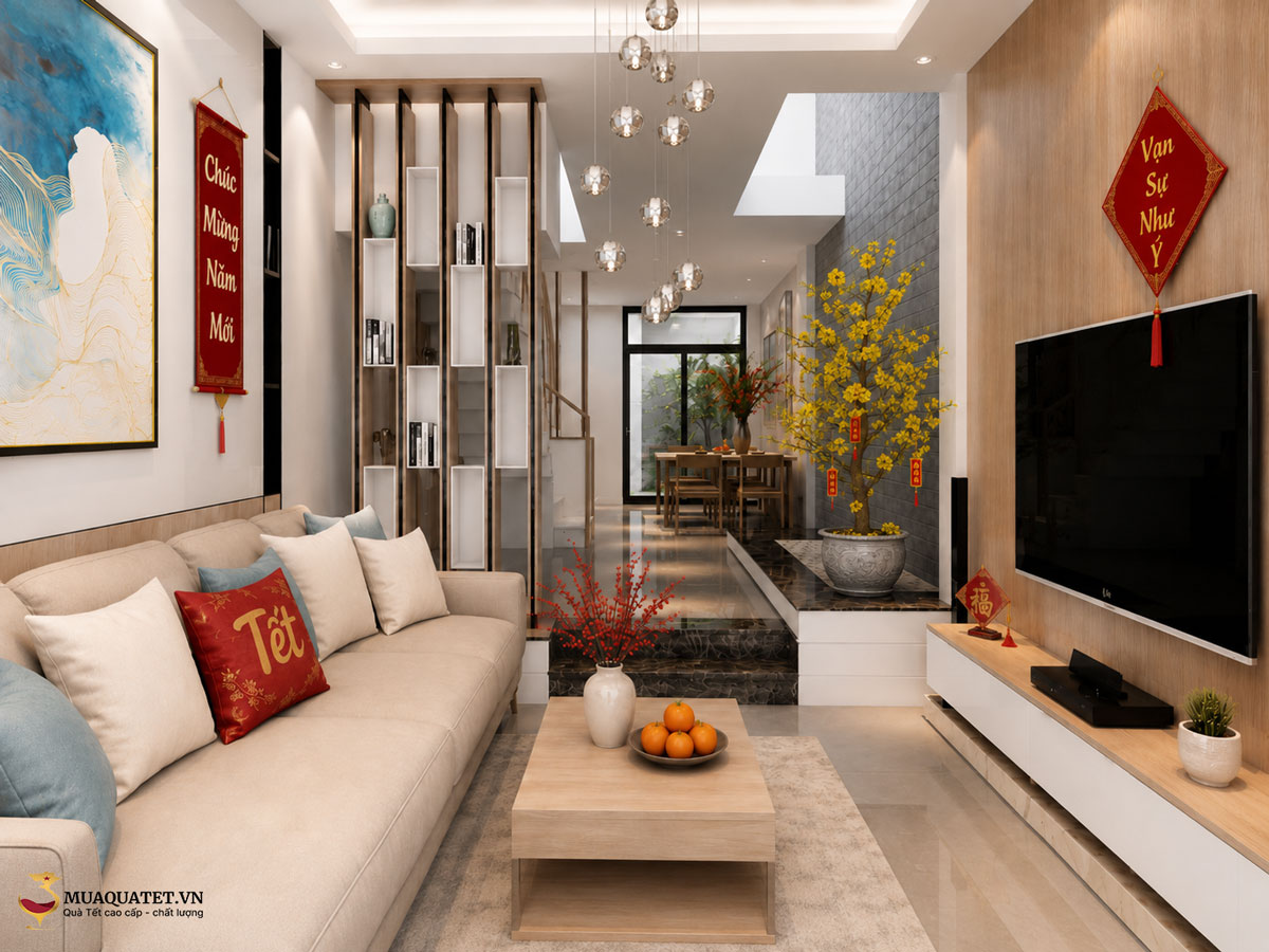40+ Cách Trang Trí Tết Phòng Khách Đẹp, Đón Tài Lộc 2027 137 Phòng khách ngày Tết của nhà ống