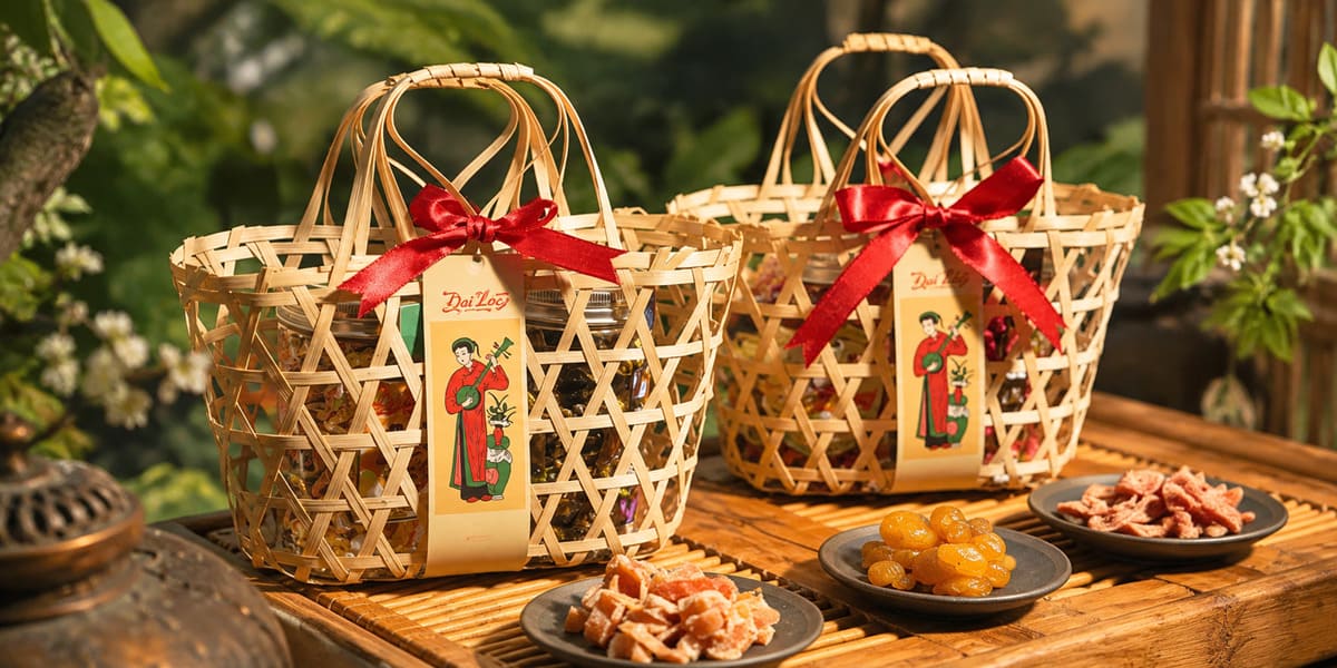 Giỏ trái cây sấy và bánh kẹo handmade