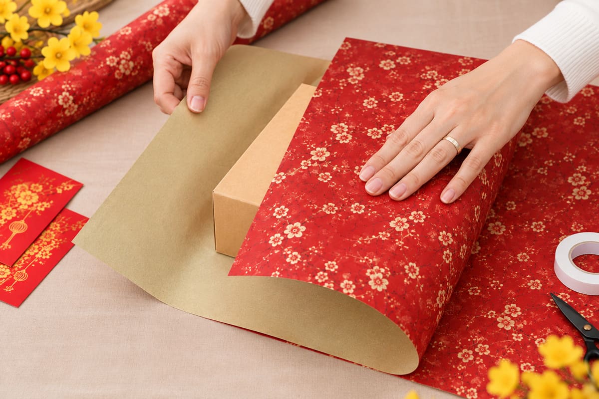 Đặt hộp giữa giấy và cố định mép giấy 