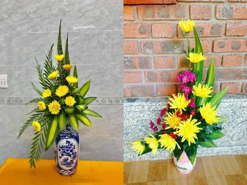 Cắm hoa cúc vàng chưng bàn thờ ngày Tết