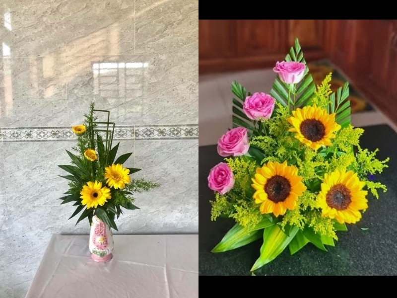 Cắm hoa hướng dương chưng bàn thờ Tết