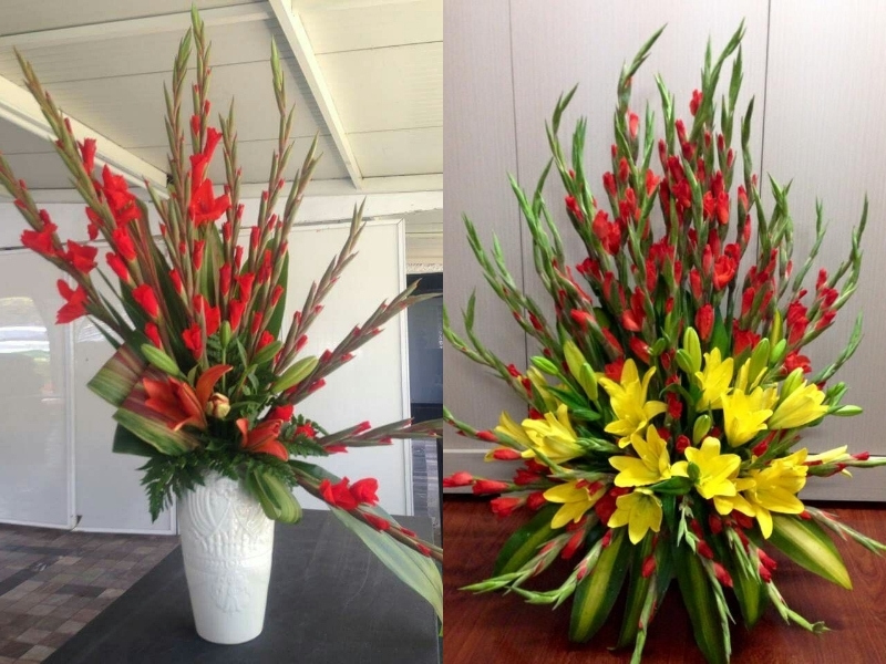 Bình hoa lay ơn đỏ đẹp bàn thờ Tết