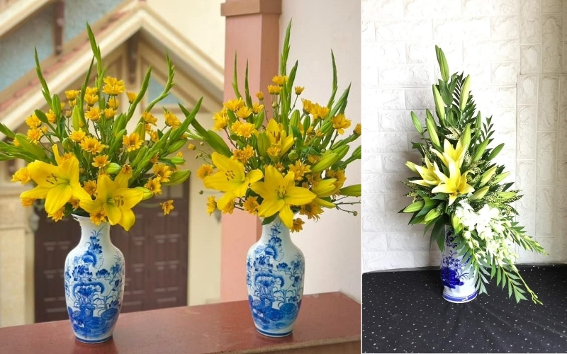 Mẫu cắm hoa ly vàng bàn thờ ngày Tết