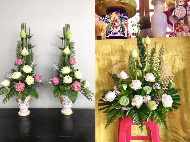 Mẫu cắm hoa sen chưng Tết trên bàn thờ