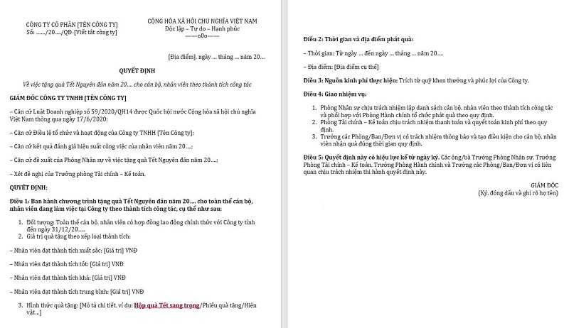 Mẫu quyết định tặng quà Tết cho nhân viên theo cấp bậc