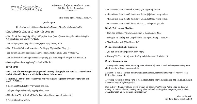 Mẫu quyết định tặng quà Tết cho nhân viên kèm thưởng Tết