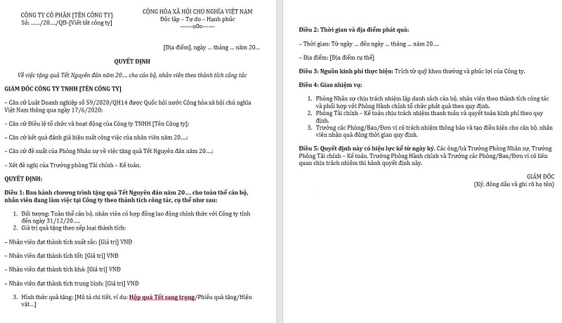 Mẫu quyết định tặng quà Tết theo thành tích công tác