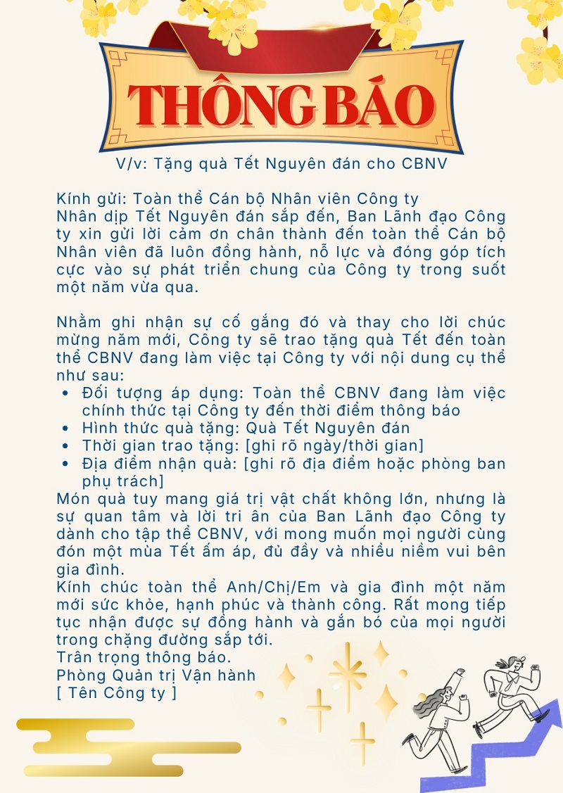 Mẫu thông báo tặng quà Tết cho nhân viên đơn giản