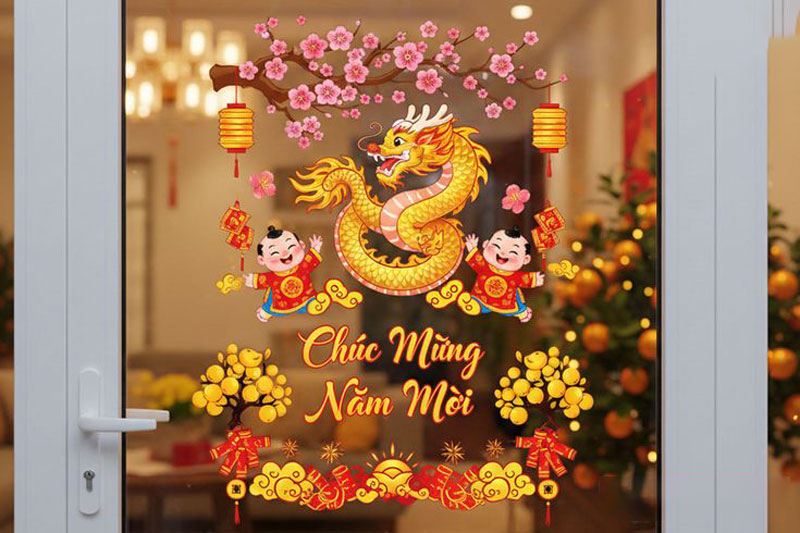Trang trí cửa kính văn phòng bằng decal Tết