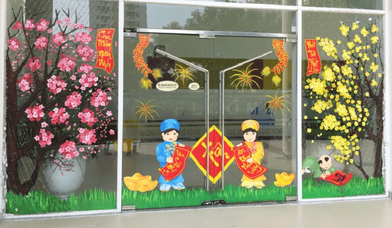 Trang trí Tết trên cửa kính nha khoa