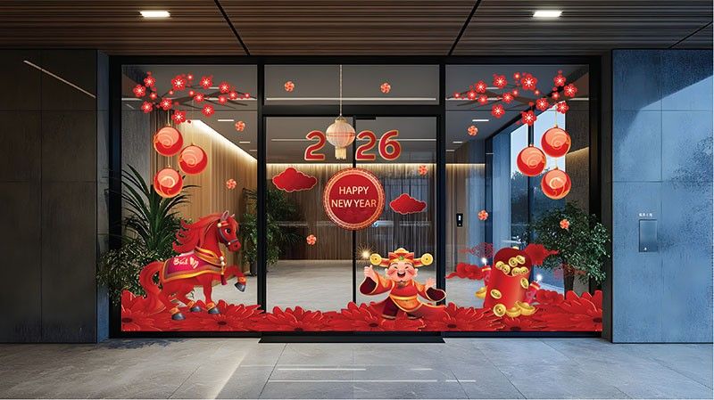 Decal trang trí Tết trên cửa kính văn phòng