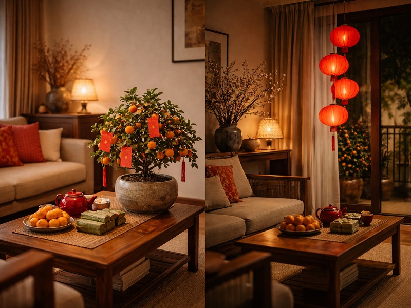 trang trí phòng khách đón tết