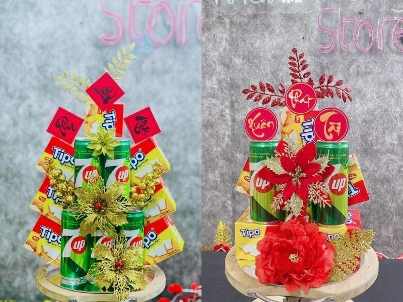 Tháp nước ngọt phối với bánh kẹo Tết