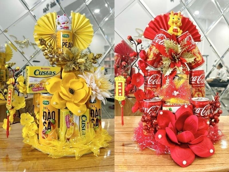 Tháp nước ngọt kết hợp với bánh kẹo Tết