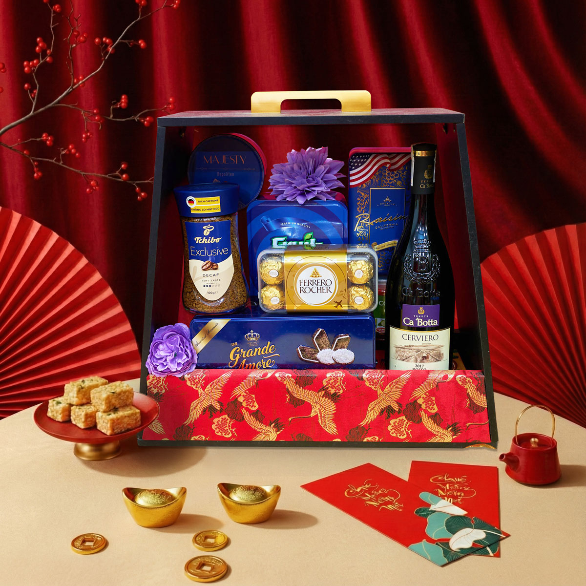 Các mẫu giỏ quà Tết kết hợp rượu vang cao cấp
