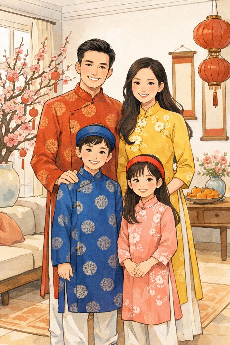 Ảnh chụp gia đình mặc áo dài Tết