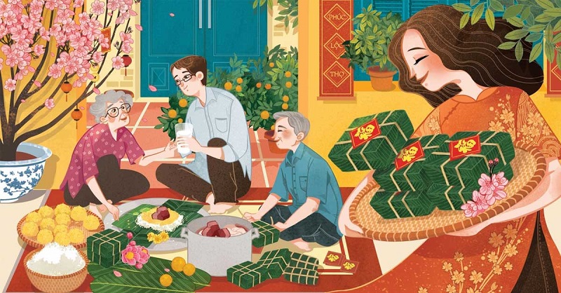 ảnh Tết gia đình gói bánh chưng